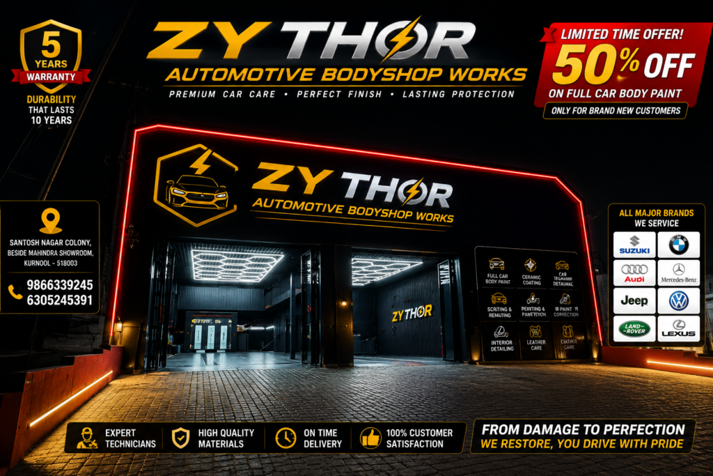 ZY Thor Automotive Bodyshop Works in Kurnool offering car painting, ceramic coating, detailing, and paint correction services